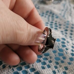 Black Stone Silver-Tone Women's Ring - Elegant Statement Piece
